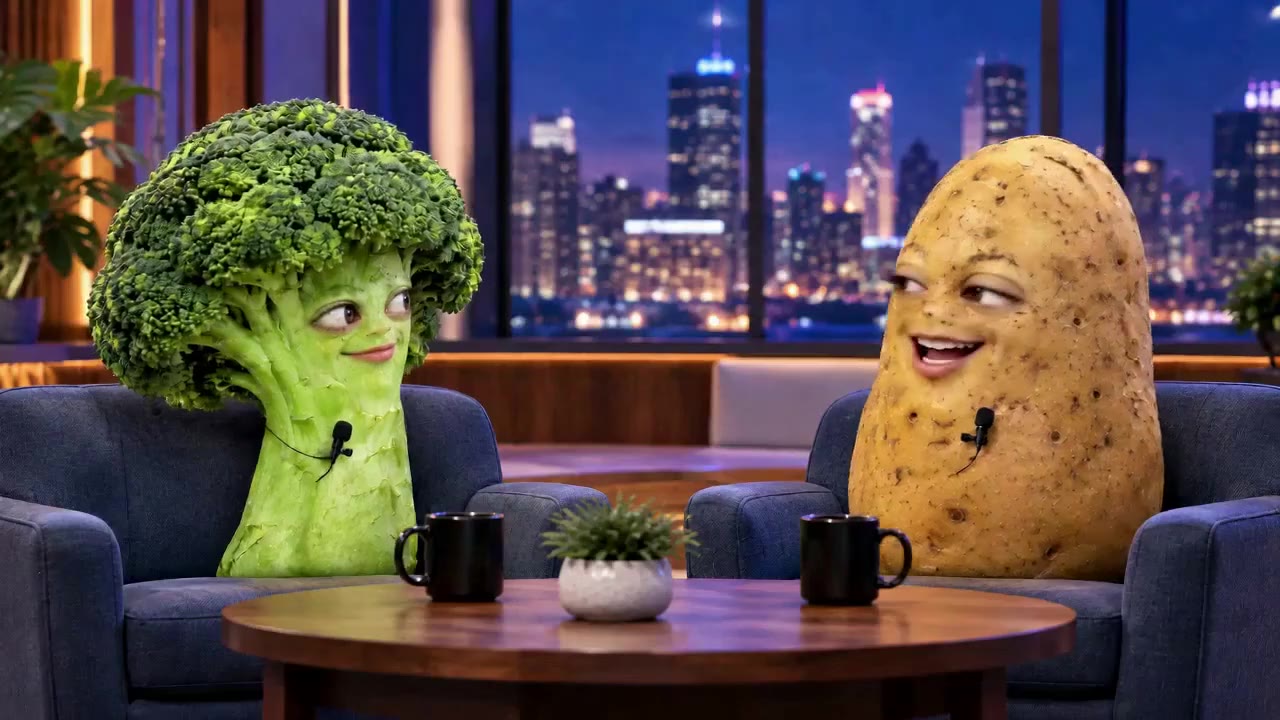 AI video of a broccoli and a potato performing a stand-up comedy show