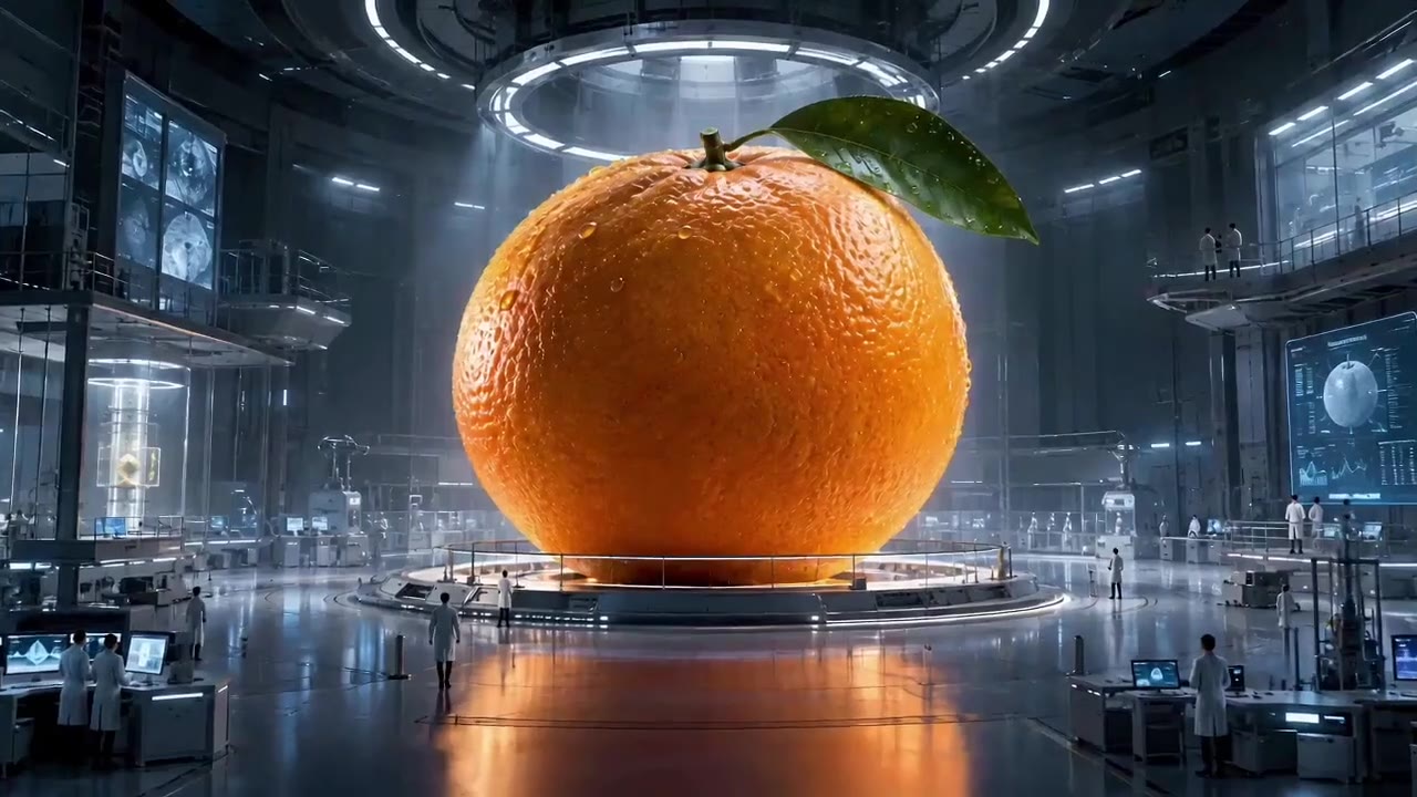 AI video of a giant orange inside a sci-fi laboratory