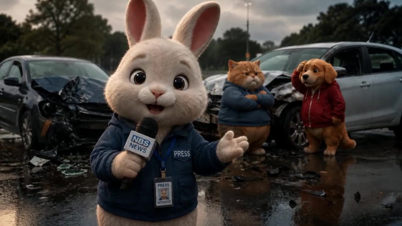 AI video of a rabbit news reporter reporting live from a car-accident scene