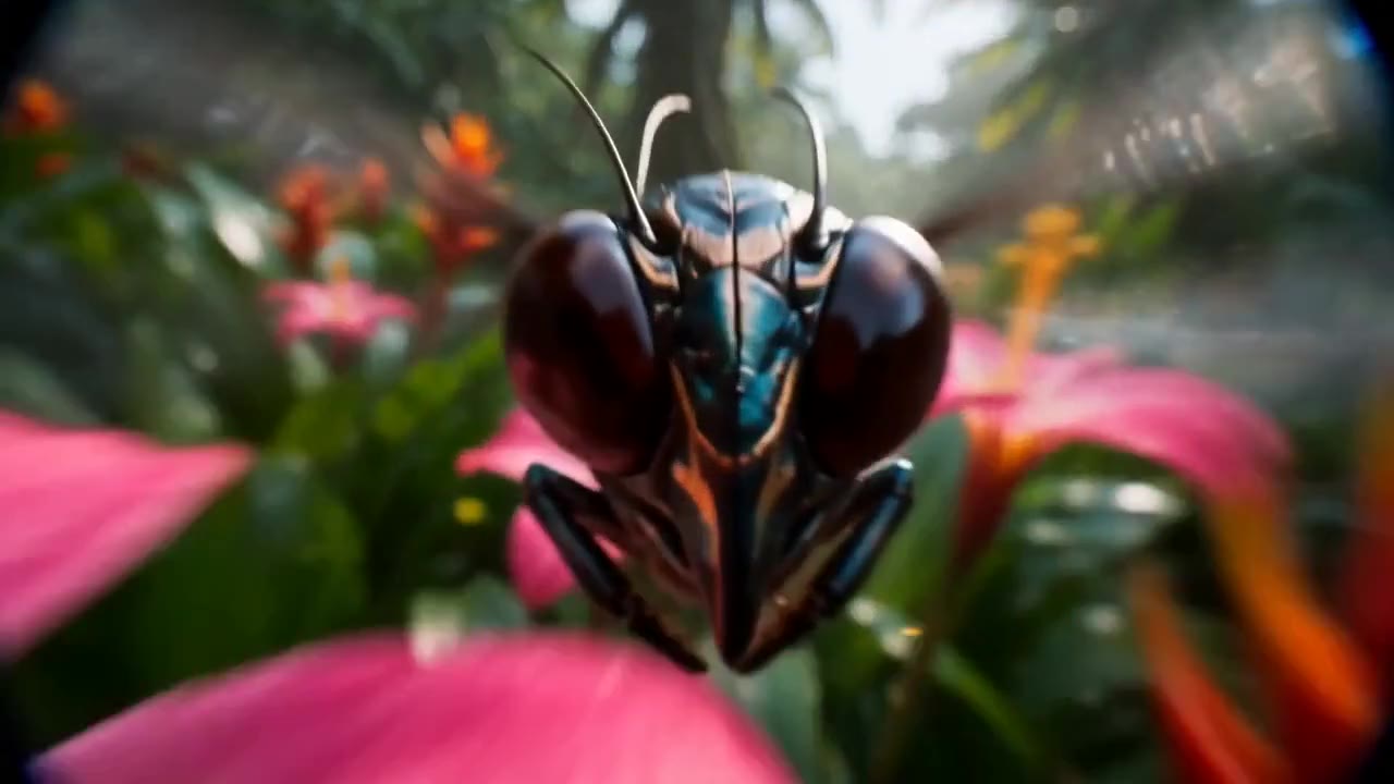 AI video of a beetle and a frog flying over a rainforest stream
