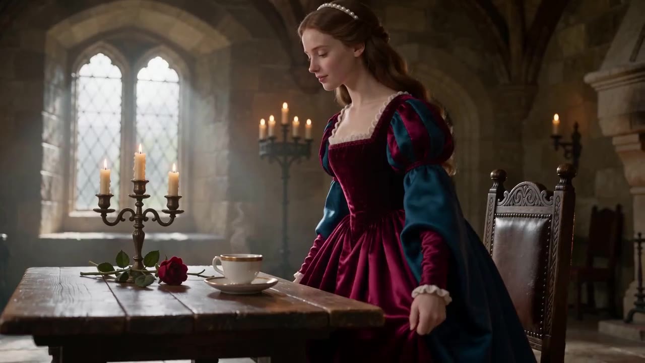 AI video of a woman in a red dress at a candlelit dinner table in a castle
