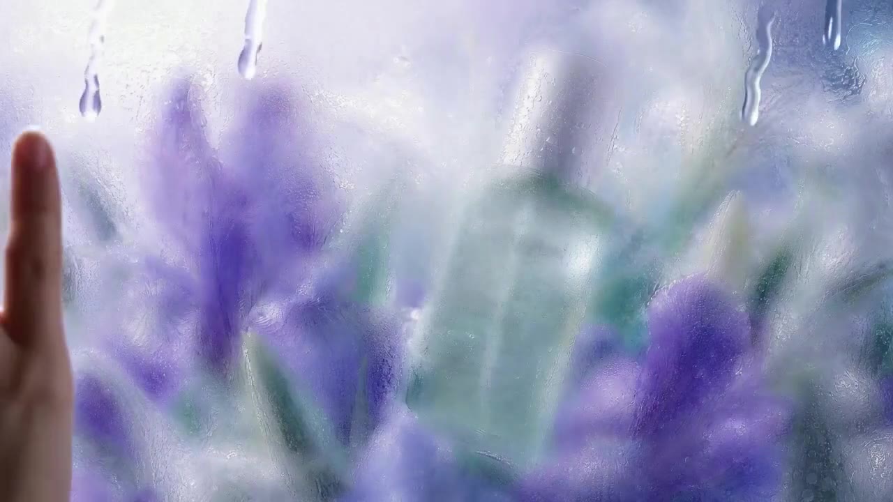 AI video of a lavender perfume bottle in rain mist