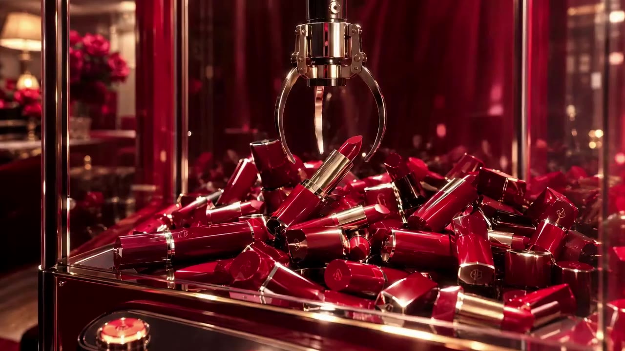 AI video of a lipstick inside a claw machine