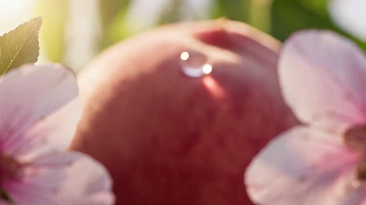 AI video of peaches and peach blossoms covered in water droplets