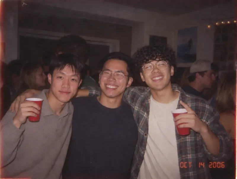 Three people preserved in a generated composite party image
