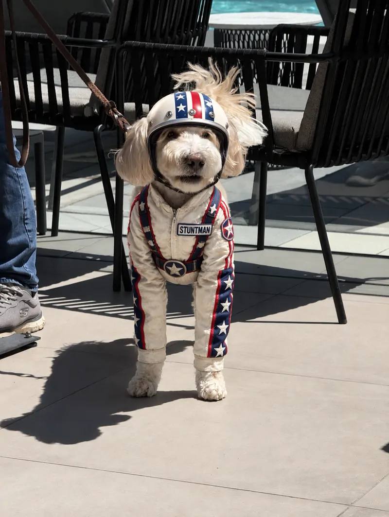 Dog photo after a generated stuntman costume edit