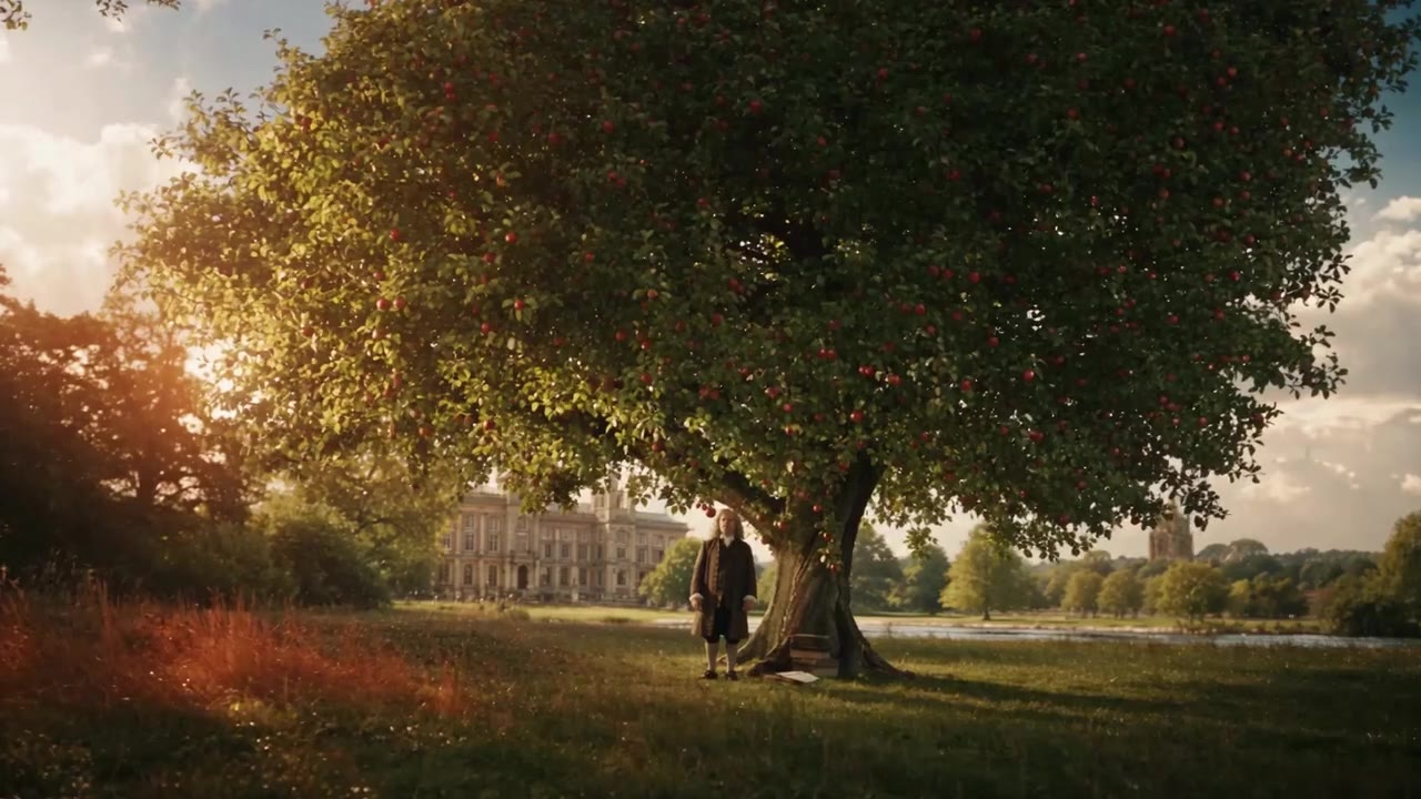 AI video of an apple falling on the head of a curly-haired man in period costume