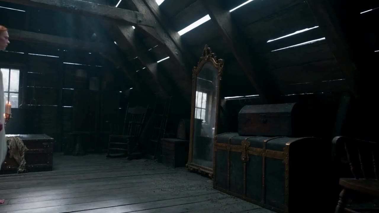 AI video of wooden trunks and an antique mirror in an attic