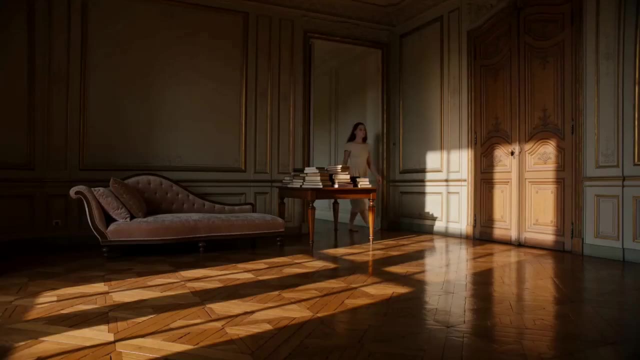 AI video of a classical hall with a bench and a woman standing at the doorway