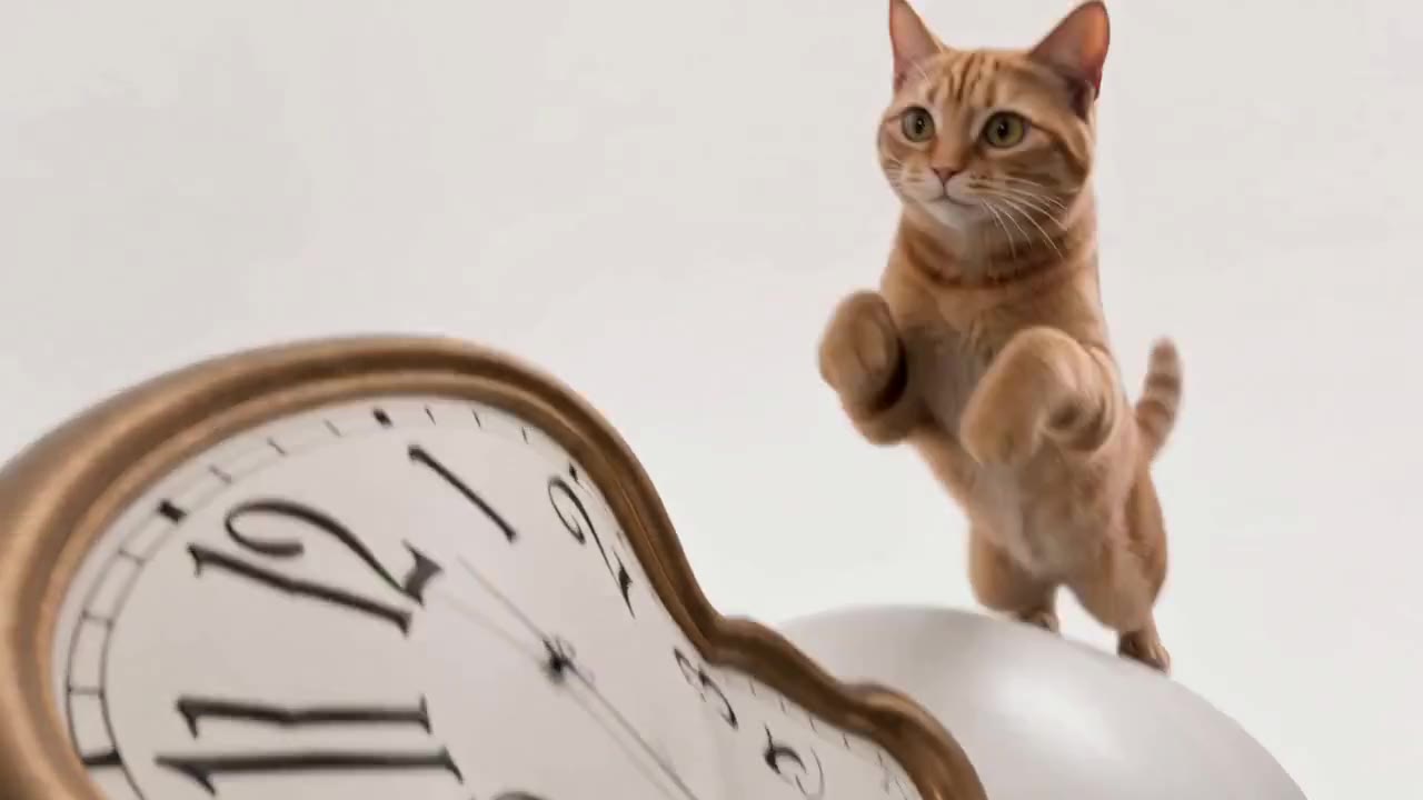AI video of an orange cat jumping onto a melting clock, Seedance 1.5 model page preview