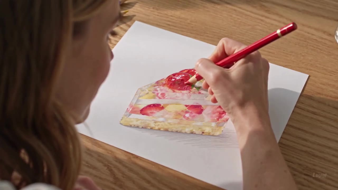 AI video of a strawberry cake being drawn in colored pencil