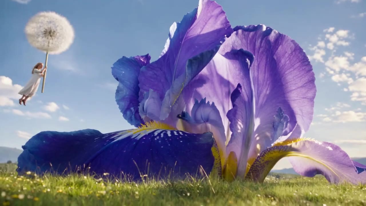 AI video of a dandelion sprite among iris flowers