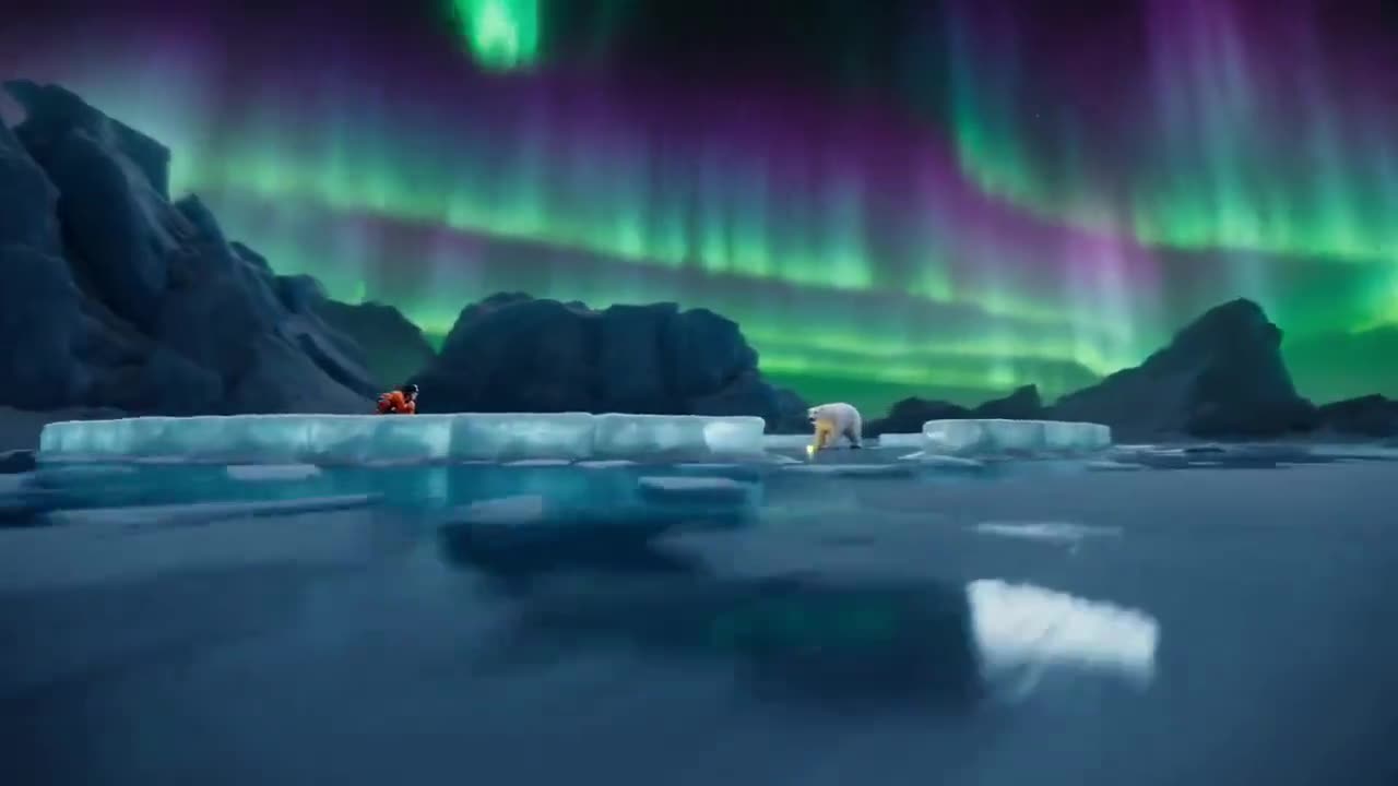 An explorer and a polar bear playing ice hockey under the northern lights