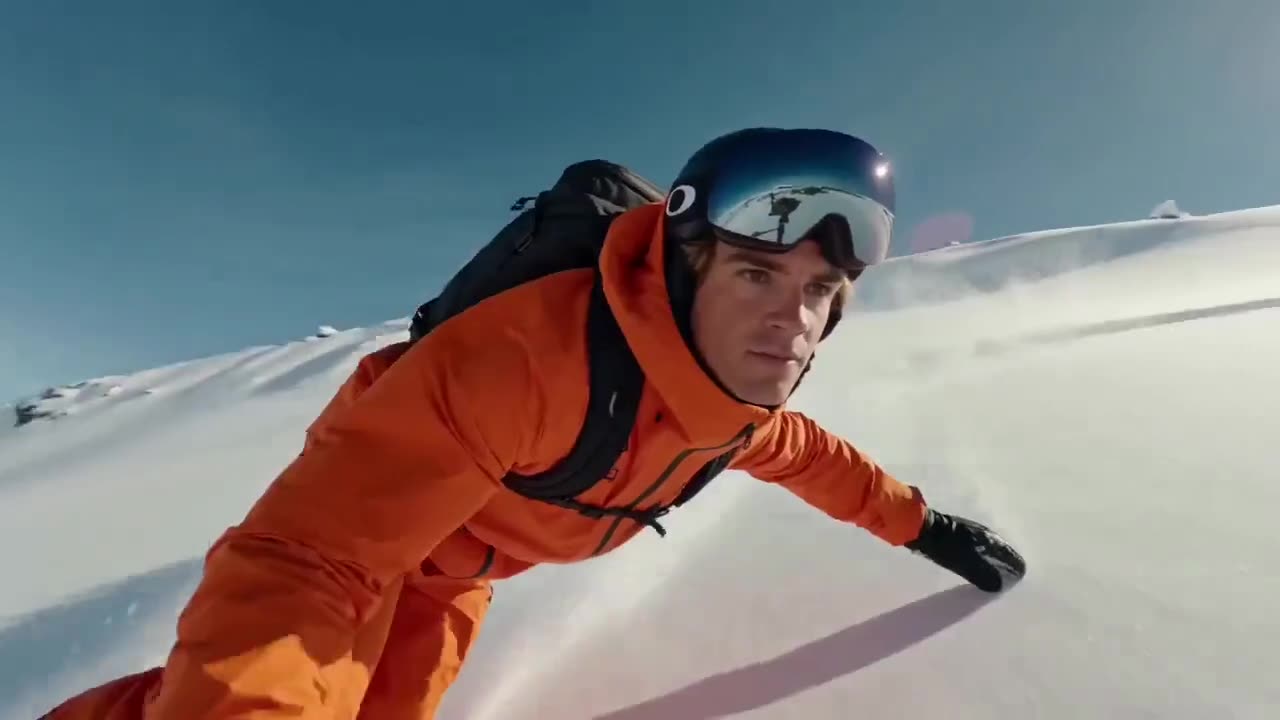 A skier in an orange suit descending an alpine slope