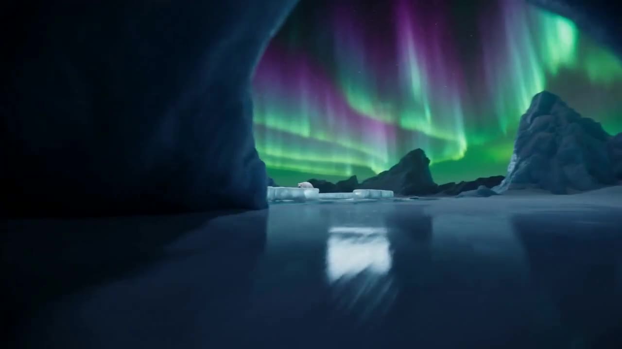 AI video of an aurora seen from inside an ice cave