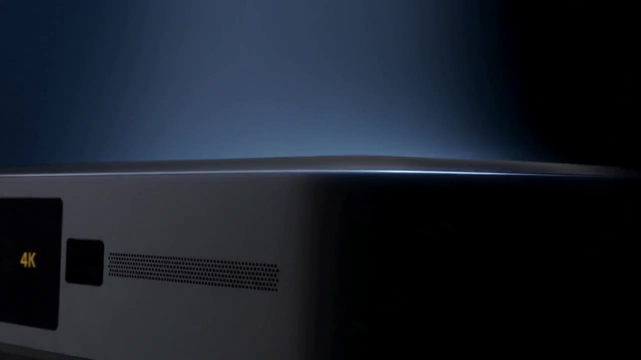 AI video of a dark, low-key close-up of a 4K projector