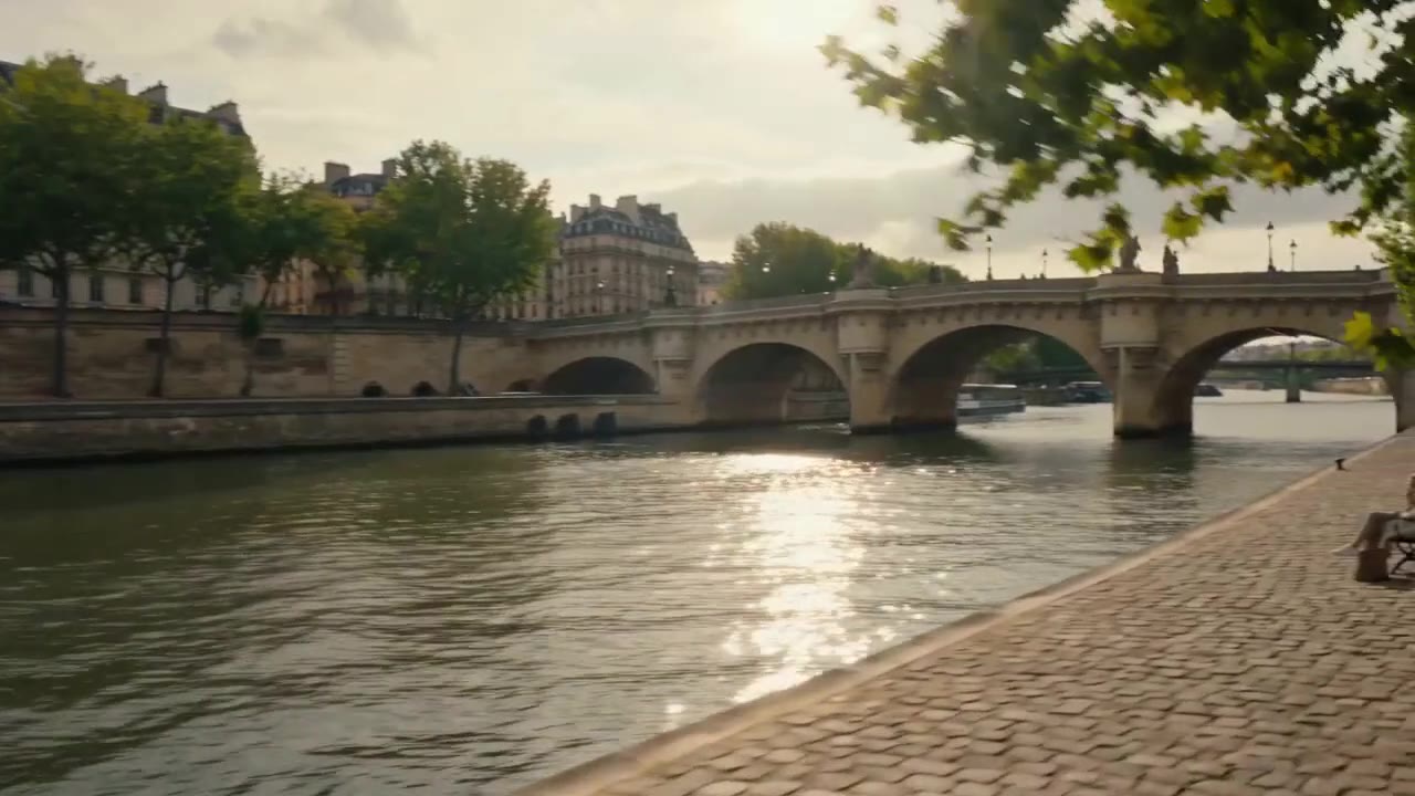 AI video of a stone bridge over the Seine with a cobblestone riverbank