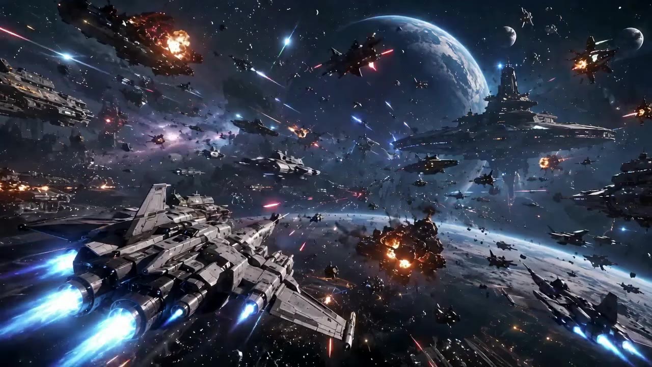 AI video of space battleships fighting in a space battle